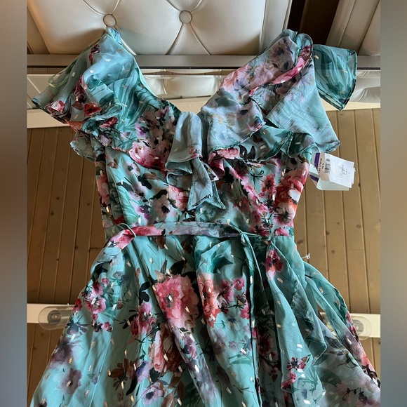 Eliza J Floral Ruffle Trim Calf Midi Dress 2 Mint - Picture 10 of 12